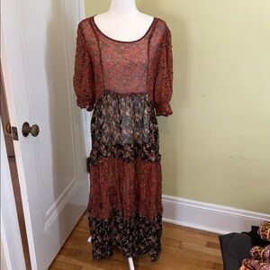 Elegant Sheer Floral Maxi Dress in Rust, Green, Tan  and Black